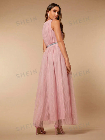 Plunging Neck Rhinestone Detail Mesh Overlay Bridesmaid Dress