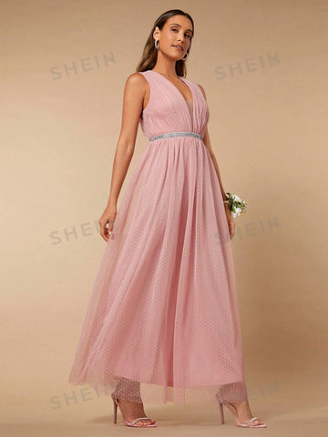 Plunging Neck Rhinestone Detail Mesh Overlay Bridesmaid Dress