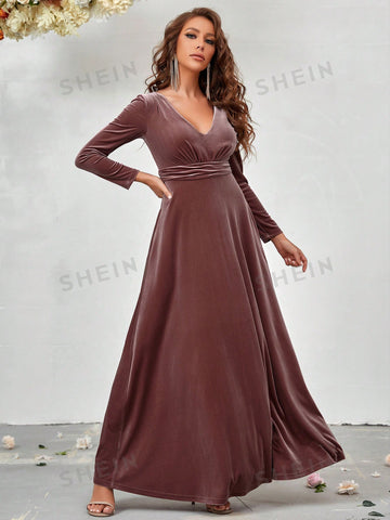 Plunging Neck Ruched Waist Velvet Bridesmaid Dress