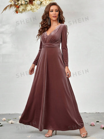 Plunging Neck Ruched Waist Velvet Bridesmaid Dress