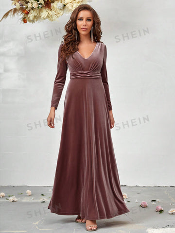 Plunging Neck Ruched Waist Velvet Bridesmaid Dress