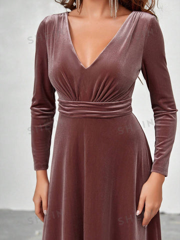Plunging Neck Ruched Waist Velvet Bridesmaid Dress