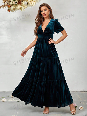 Plunging Neck Ruffle Hem Velvet Bridesmaid Dress
