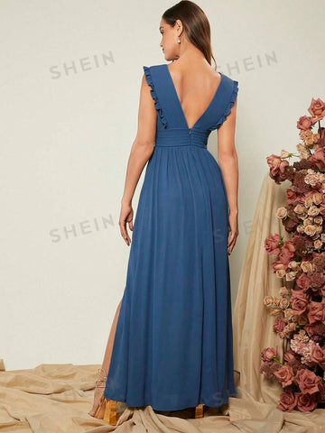 Plunging Neck Ruffle Trim Split Thigh Bridesmaid Dress