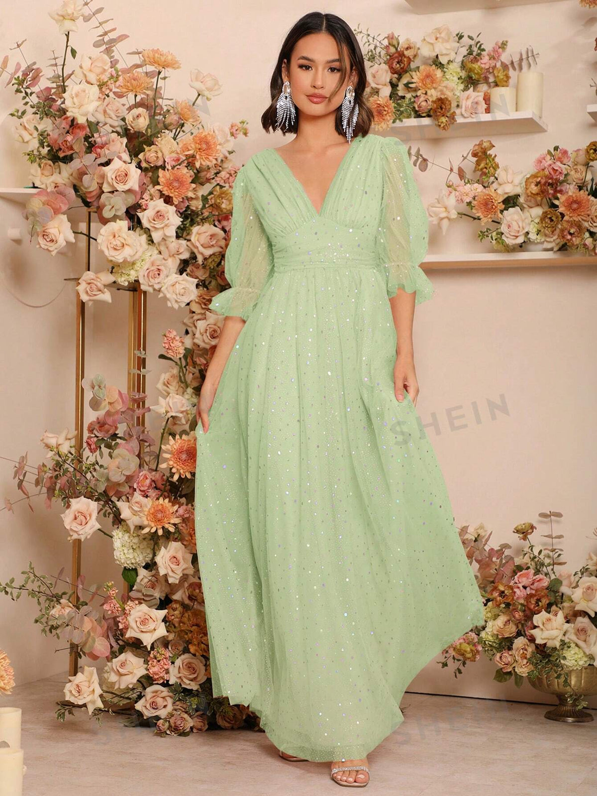 Plunging Neck Sequin Decor Bridesmaid Dress