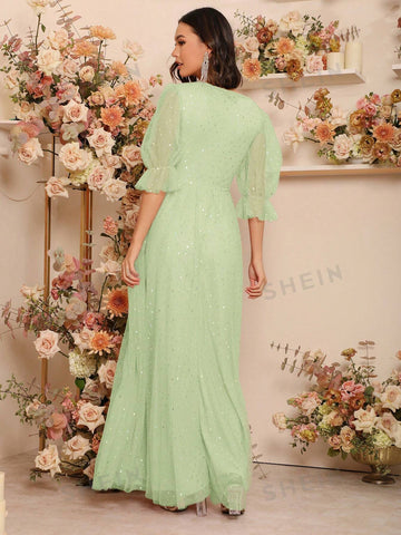 Plunging Neck Sequin Decor Bridesmaid Dress