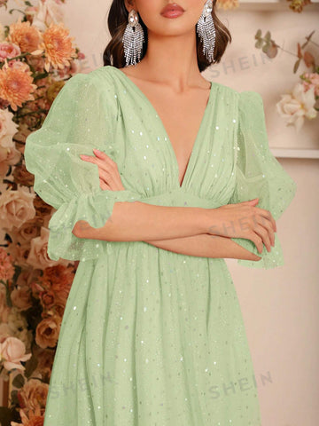 Plunging Neck Sequin Decor Bridesmaid Dress
