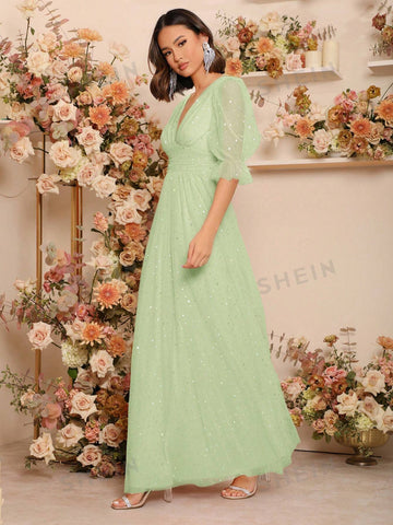 Plunging Neck Sequin Decor Bridesmaid Dress