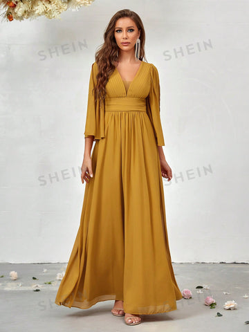 Plunging Neck Split Sleeve Bridesmaid Dress