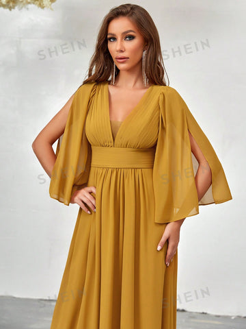 Plunging Neck Split Sleeve Bridesmaid Dress