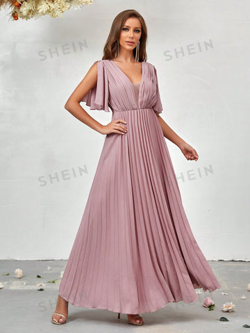 Plunging Neck Split Sleeve Pleated Hem Bridesmaid Dress