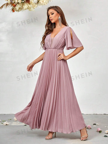 Plunging Neck Split Sleeve Pleated Hem Bridesmaid Dress
