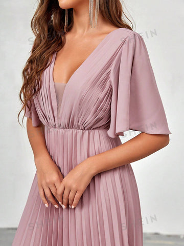 Plunging Neck Split Sleeve Pleated Hem Bridesmaid Dress