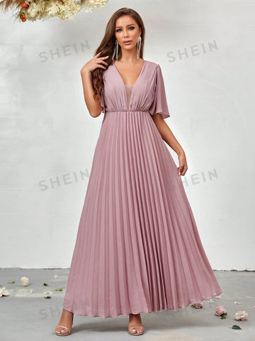 Plunging Neck Split Sleeve Pleated Hem Bridesmaid Dress