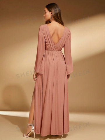 Plunging Neck Split Thigh Bridesmaid Dress
