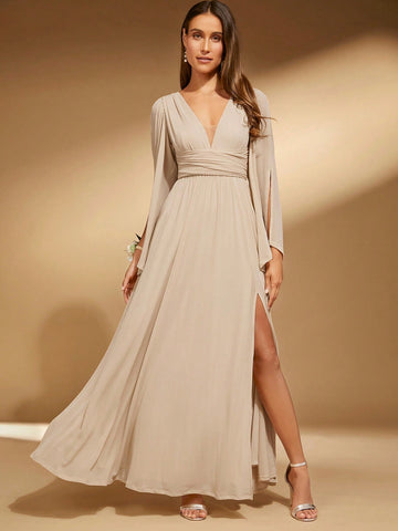 Plunging Neck Split Thigh Bridesmaid Dress