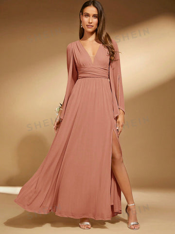 Plunging Neck Split Thigh Bridesmaid Dress
