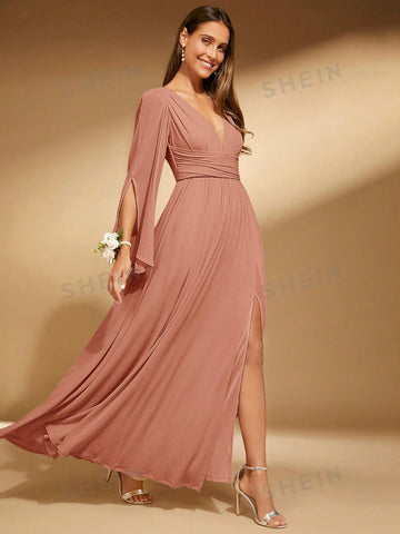 Plunging Neck Split Thigh Bridesmaid Dress