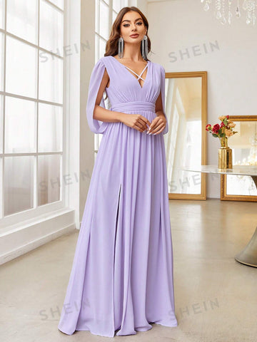 Plunging Neck Split Thigh Bridesmaid Dress