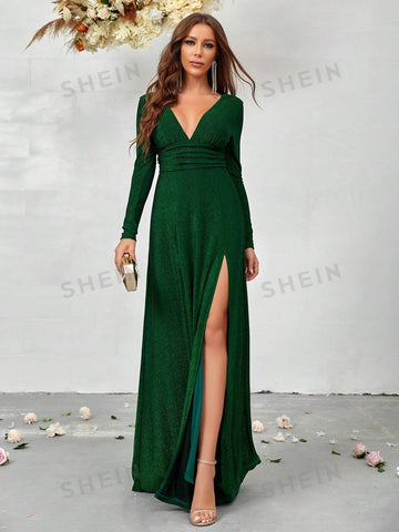 Plunging Neck Split Thigh Glitter Bridesmaid Dress