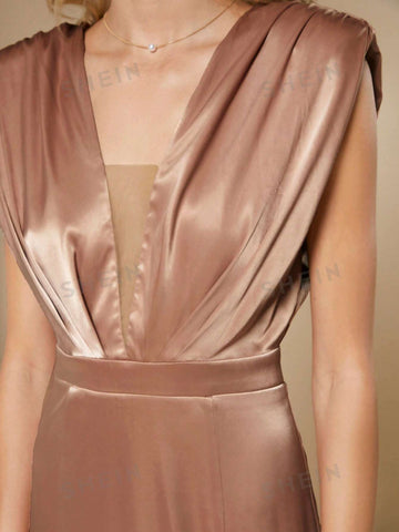 Plunging Neck Split Thigh Satin Bridesmaid Dress
