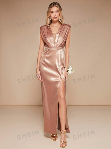 Plunging Neck Split Thigh Satin Bridesmaid Dress