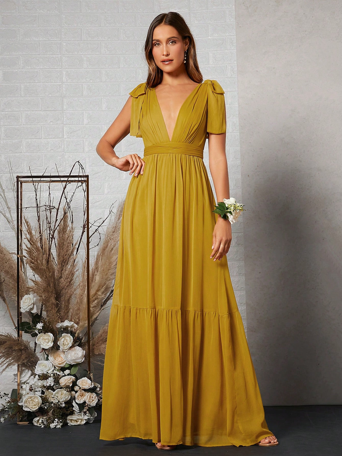 Belle Plunging Neck Tie Shoulder Ruffle Hem Chiffon Bridesmaid Dress