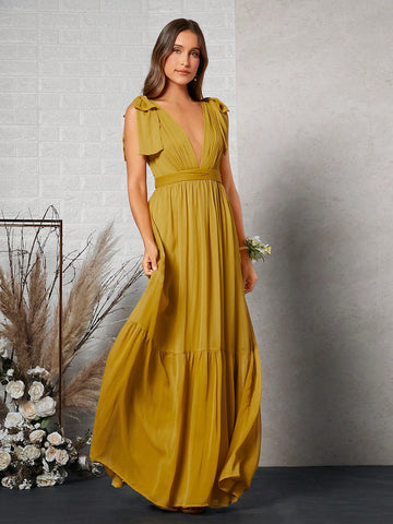Belle Plunging Neck Tie Shoulder Ruffle Hem Chiffon Bridesmaid Dress
