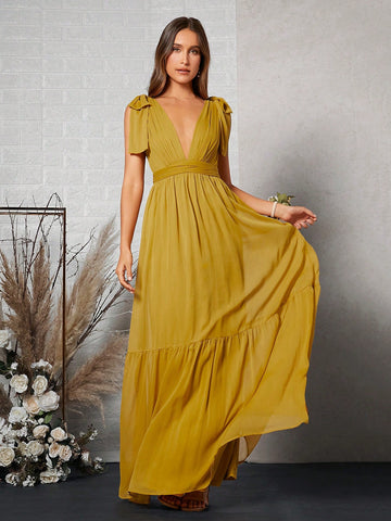 Belle Plunging Neck Tie Shoulder Ruffle Hem Chiffon Bridesmaid Dress