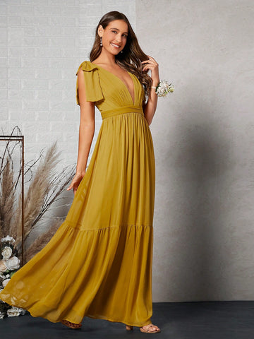 Belle Plunging Neck Tie Shoulder Ruffle Hem Chiffon Bridesmaid Dress
