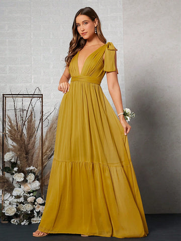 Belle Plunging Neck Tie Shoulder Ruffle Hem Chiffon Bridesmaid Dress
