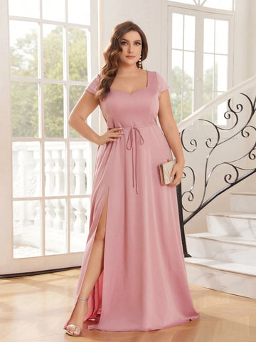 Plus-Size Ladies' Bridesmaid Dress With Sweetheart Neckline, High Slit And Bow Detail