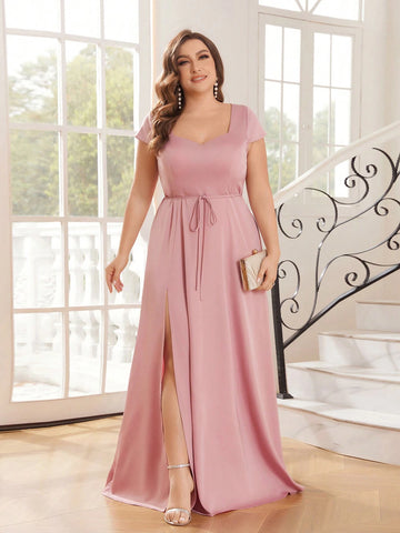 Plus-Size Ladies' Bridesmaid Dress With Sweetheart Neckline, High Slit And Bow Detail