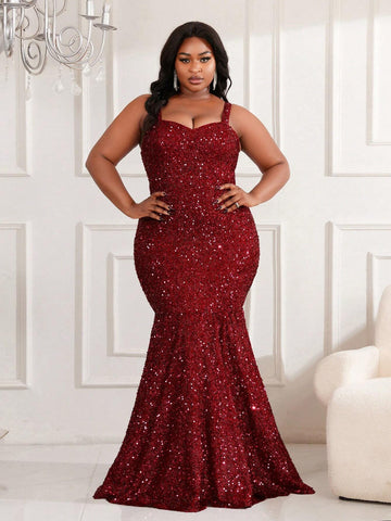 Plus Size Elegant Burgundy Evening Dress With Oversized Swing Hem (Heavy Work Edition)