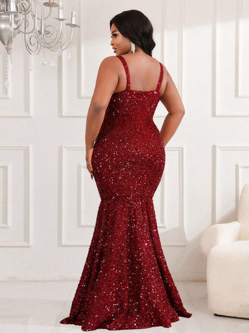 Plus Size Elegant Burgundy Evening Dress With Oversized Swing Hem (Heavy Work Edition)