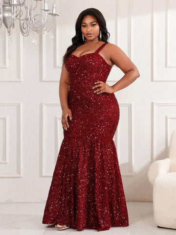 Plus Size Elegant Burgundy Evening Dress With Oversized Swing Hem (Heavy Work Edition)