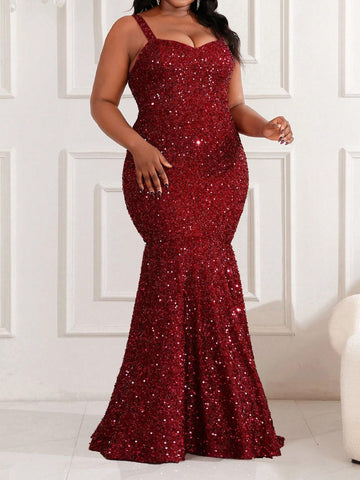 Plus Size Elegant Burgundy Evening Dress With Oversized Swing Hem (Heavy Work Edition)