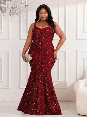 Plus Size Elegant Burgundy Evening Dress With Oversized Swing Hem (Heavy Work Edition)