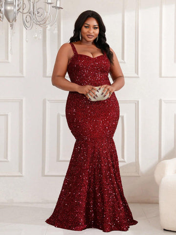 Plus Size Elegant Burgundy Evening Dress With Oversized Swing Hem (Heavy Work Edition)