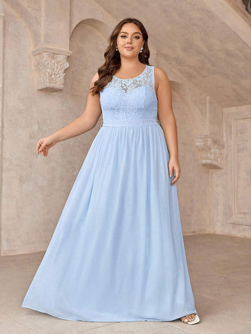 Plus Size Elegant Lace Patchwork Sleeveless Bridesmaid Dress