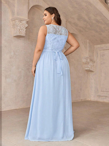 Plus Size Elegant Lace Patchwork Sleeveless Bridesmaid Dress