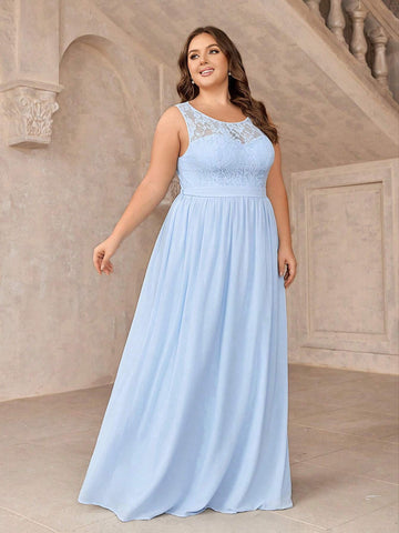 Plus Size Elegant Lace Patchwork Sleeveless Bridesmaid Dress
