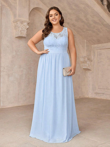 Plus Size Elegant Lace Patchwork Sleeveless Bridesmaid Dress