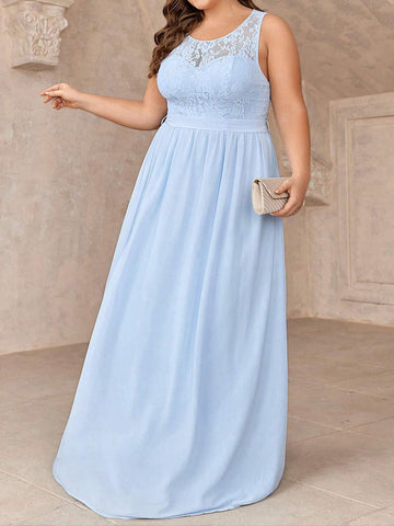 Plus Size Elegant Lace Patchwork Sleeveless Bridesmaid Dress