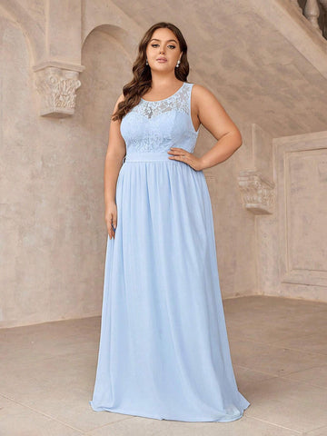 Plus Size Elegant Lace Patchwork Sleeveless Bridesmaid Dress
