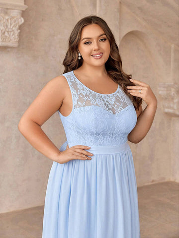 Plus Size Elegant Lace Patchwork Sleeveless Bridesmaid Dress