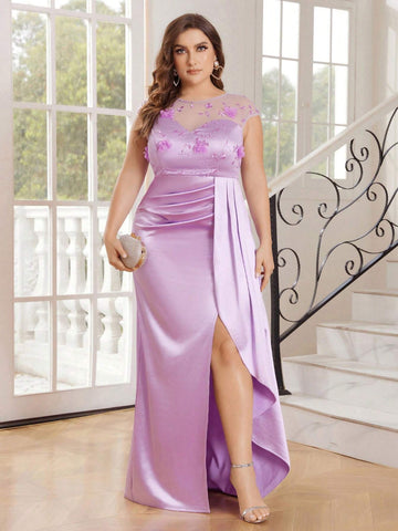 Plus Size Elegant Romantic Mesh See Through Stereoscopic Floral Round Neck Small Cap Sleeve Splicing Satin High Waist Skinny Waist Pleated High Split Fluttering Side Fluttering Pieces Splicing Easter Wedding Holiday Event Easter Eid Heavy Duty Dresses