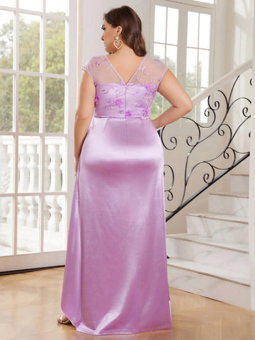 Plus Size Elegant Romantic Mesh See Through Stereoscopic Floral Round Neck Small Cap Sleeve Splicing Satin High Waist Skinny Waist Pleated High Split Fluttering Side Fluttering Pieces Splicing Easter Wedding Holiday Event Easter Eid Heavy Duty Dresses