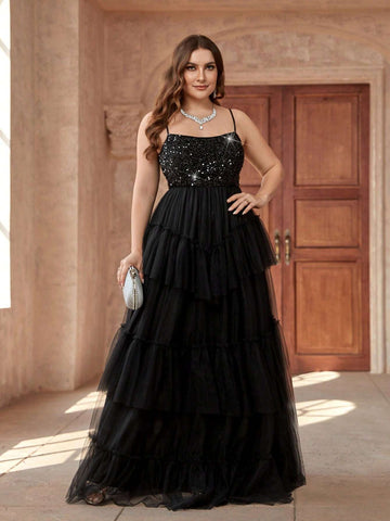 Plus Size Elegant Romantic Women's Spaghetti Strap Beaded Patchwork Bra Cups Party Wedding Event Eid Vacation Easter Dinner Country Music Festival Evening Dress