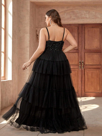 Plus Size Elegant Romantic Women's Spaghetti Strap Beaded Patchwork Bra Cups Party Wedding Event Eid Vacation Easter Dinner Country Music Festival Evening Dress